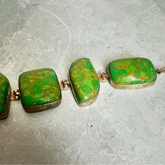 Green Turquoise Stone chunky bracelet with .925 silver hardware